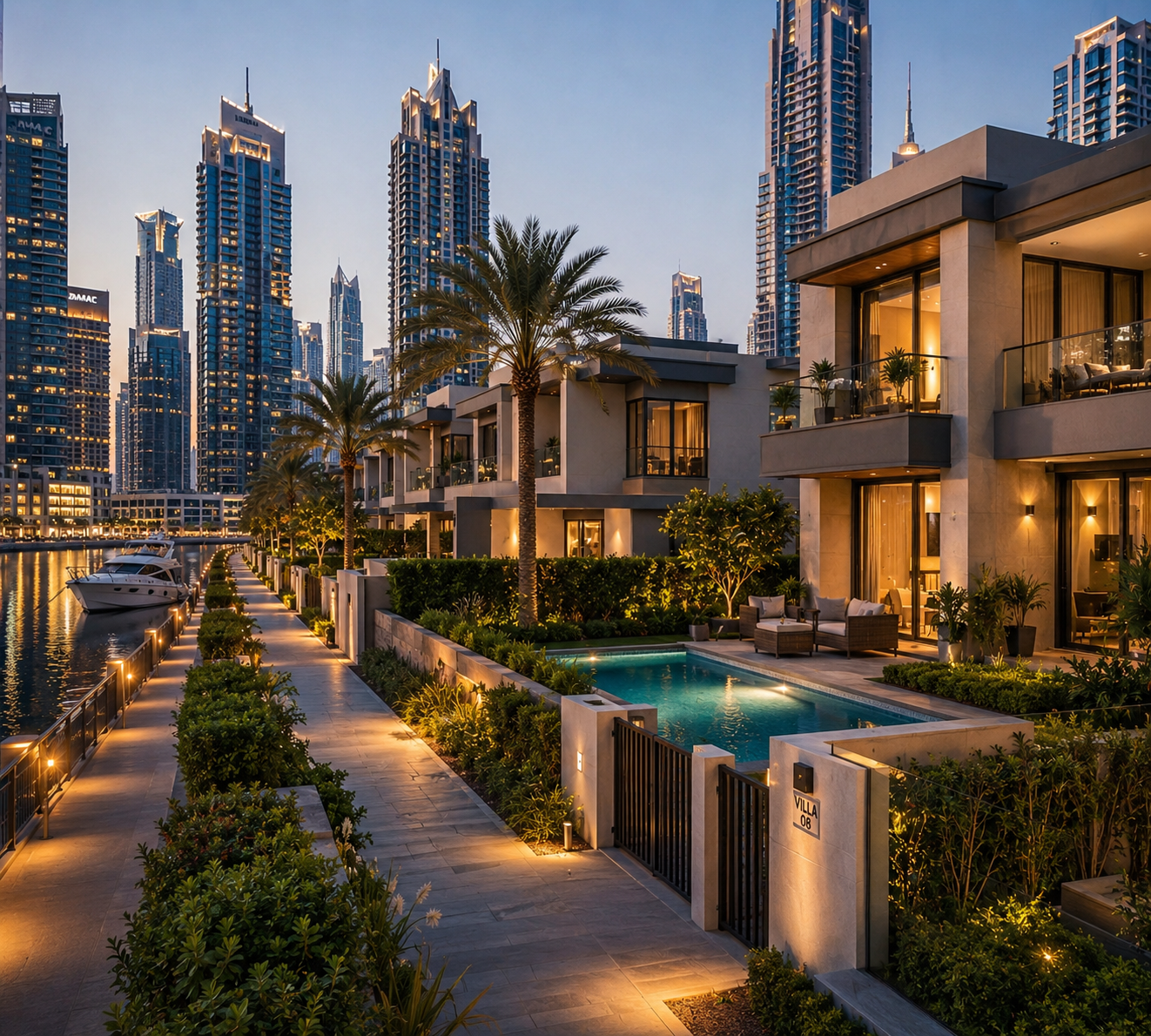 Modern villas with private pools beside landscaped walkways and illuminated skyscrapers in Business Bay, Dubai at dusk