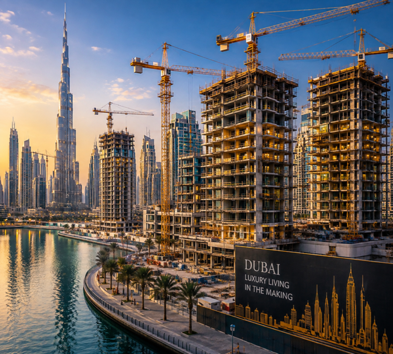 Dubai skyline with the Burj Khalifa beside a canal, while illuminated construction cranes rise above waterfront towers.